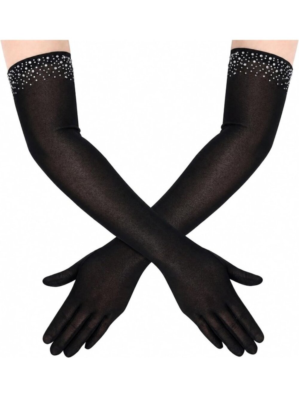 Women's Black Rhinestone Mesh Elegant Vintage Opera-length Wedding Gloves.